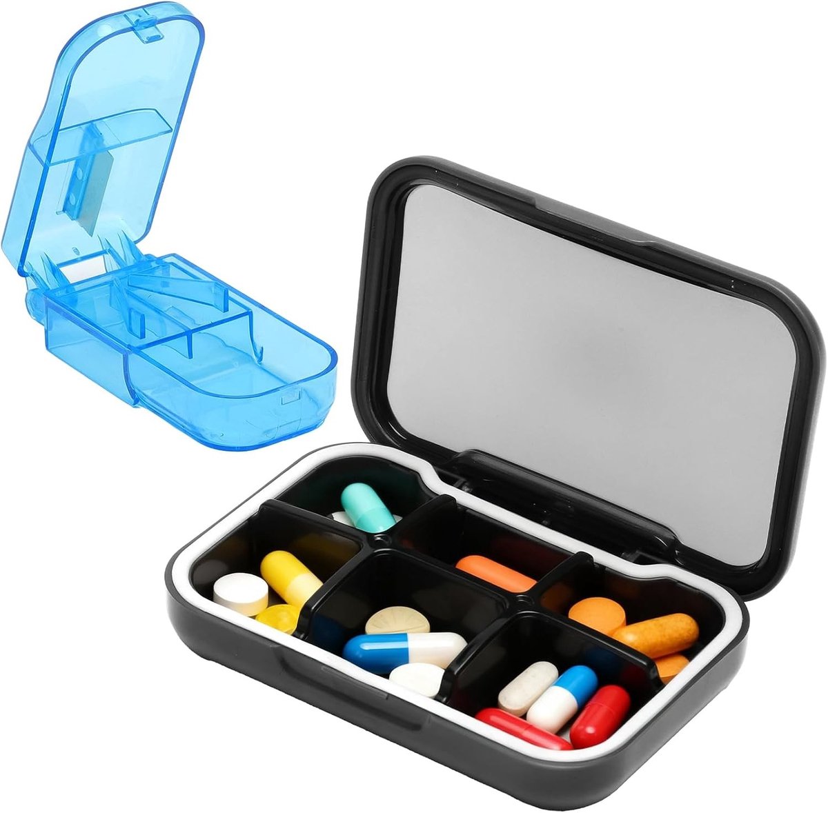 Tablettenbox met 6 vakken voor onderweg – compacte pillendoos met siliconen afdichting, afneembare inlay en handige snijapparaat voor supplementen en medicijnen
