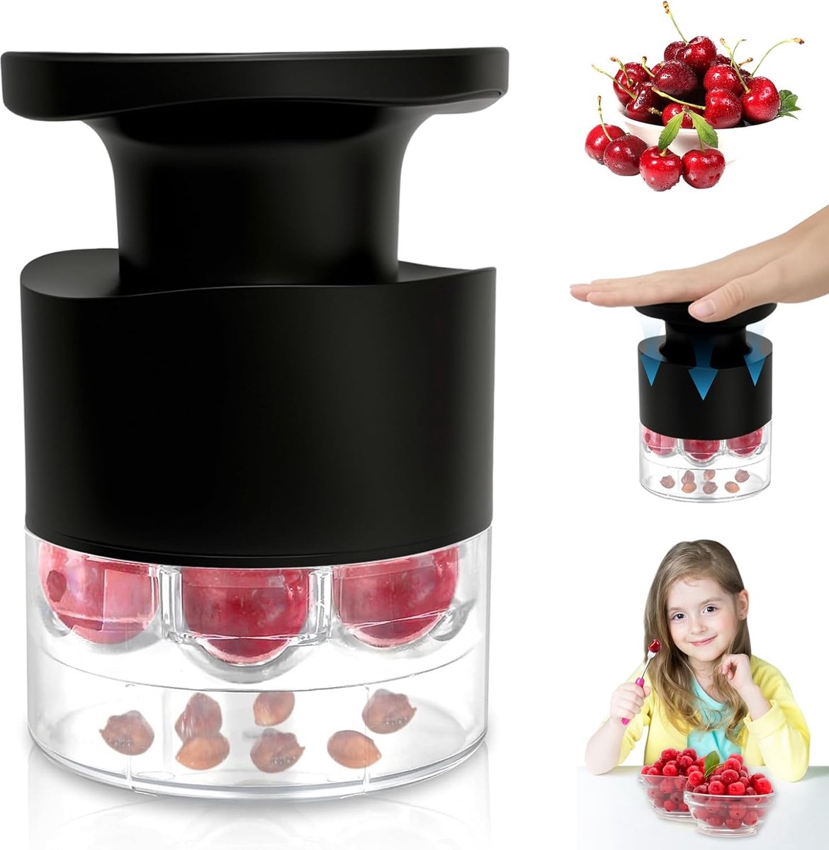 7-Gaats Kersenontpitter met Drukknop – Olijven- en Kersenontpitter – Handmatige Pitverwijderaar – Fruit Ontpitten Tool – Snel en Efficiënt Keukenhulpje – 14,3 x 10 cm – Zwart