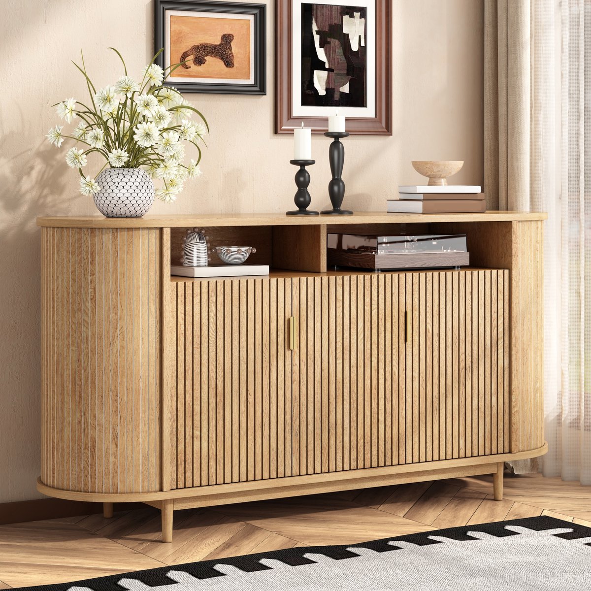 PHOEBE CAT Dressoir - Halmeubel - Kast met 3 deuren - Houtlook - MDF - Houten poten - Natuurlijke houtkleur