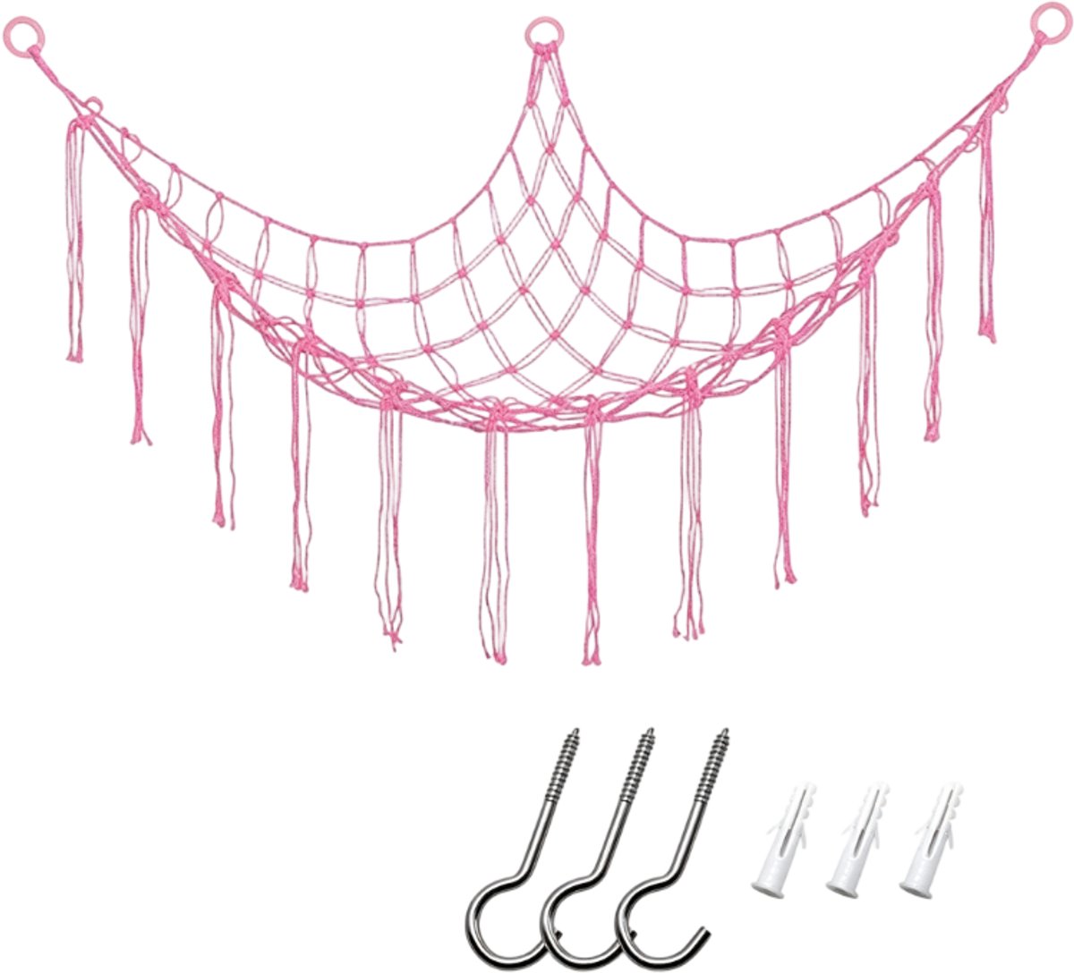 casalora Speelgoed Hangmat – Opbergnet voor Knuffels – Gevlochten Katoenen Opbergnet – 100 × 100 × 150 cm – Lichtroze(Exclusief Knuffels)