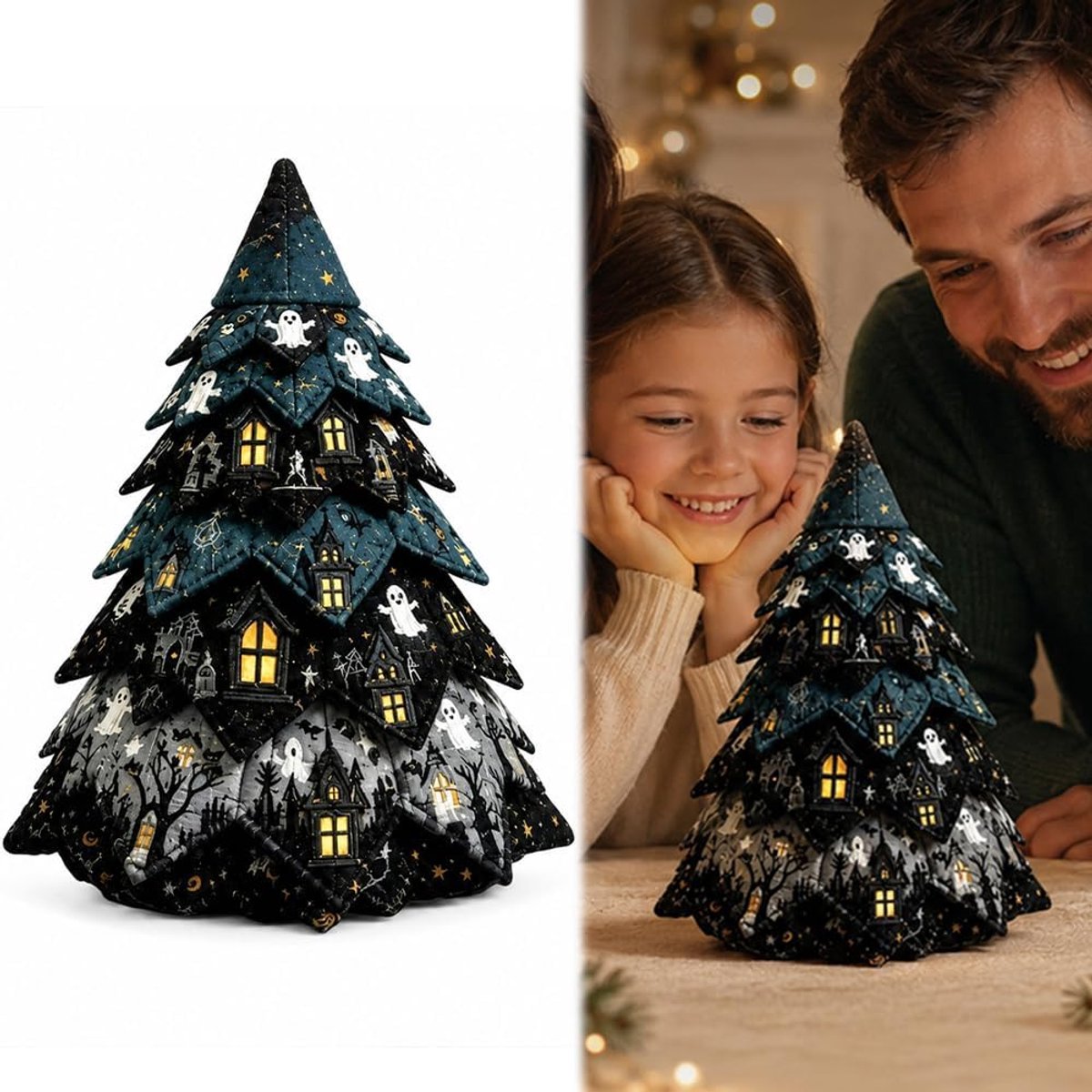 DIY Halloween gequilte stoffen kerstboomset (onafgewerkt) - 17×11×9cm - Spookhuis kerstboom voor op het bureau - 3D handgemaakt naaiproject - Geschikt voor kerstdecoratie op de schoorsteenmantel - Creatief handgemaakt cadeau