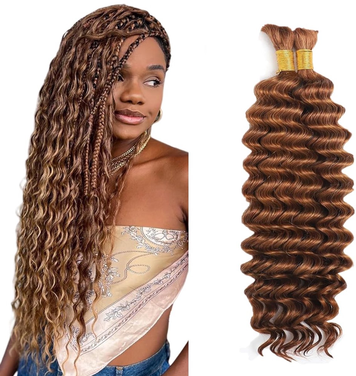 HeioWuio Human Braiding Hair for Boho Braids #30 Light Brown Color Deep Wave Verlenging Van Menselijk Haar Bulk Human - ShopVlot