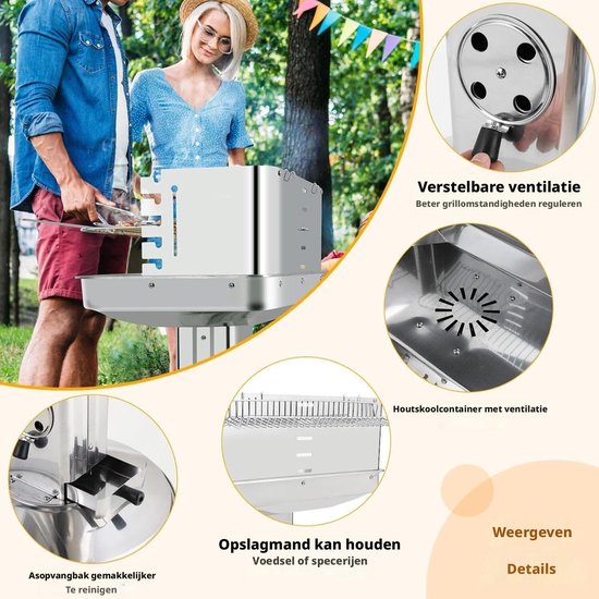 LIFERUN Houtskoolgrill roestvrij staal - barbecue voor camping - met verstelbaar grillrooster - 57 x 38 x 89,5 cm — afbeelding 5
