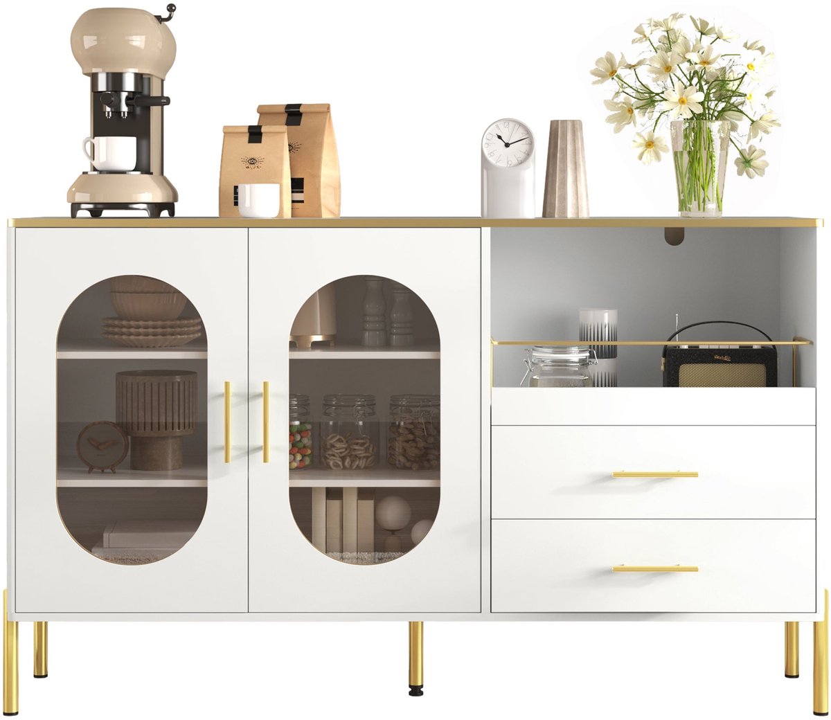 Merax Wit Dressoir met 2 Laden en 2 Glazen Deuren – Opbergkast met Goudkleurige Poten – Buffetkast 140 x 38 x 90 cm