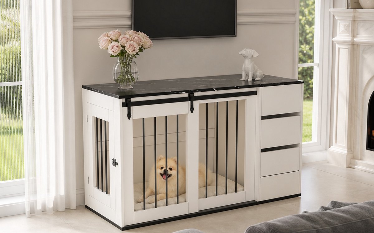 Hondenbench Met Bijzettafel – 2 In 1 Met Schuifdeur En Zijdelingse Deur – 140 X 60 X 87 Cm – Hout En Metaal – Wit – Voor Binnen En Opbergruimte