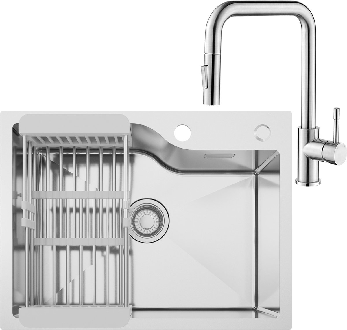 CECIPA max Spoelbak Keuken 60x45CM - Enkele spoelbak Met Premium Keukenkraan - Spoelbakken met Afdruiprek - Incl. Sifon en Afvoerzeefje - RVS