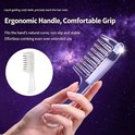 Gedetailleerde weergave van een ergonomische, transparante haarolie-applicator met metalen rolletjes.