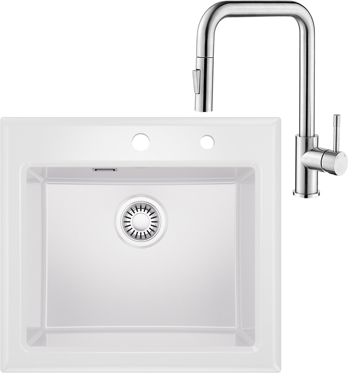 CECIPA Max Spoelbak Wit 55x50 CM - Keramische Spoelbakken Keuken Met Premium Keukenkraan - Enkele Spoelbak - Spoelbakken Incl. Sifon en Afvoerzeefje