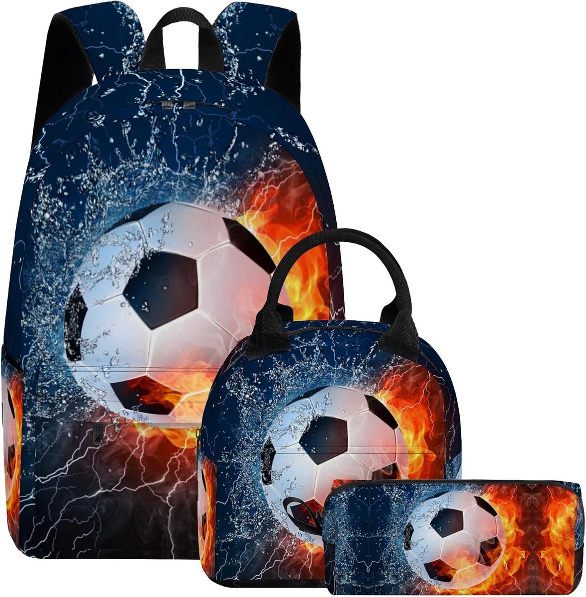 3-delige rugzakset voor jongens en meisjes, kinderrugzakset voor voetbal en school met lunchtas en etui, lichtgewicht boekentas van 43 cm, 3-in-1 set voor tieners, basisschool-, middelbare school- en voortgezet onderwijs