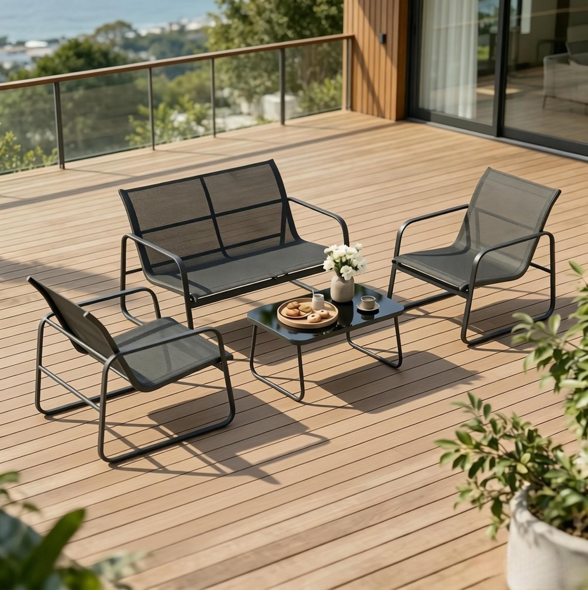 OKWISH Loungeset 4 Delig Met Tafel, Stalen Frame En Gehard Glas, Voor Terras, Balkon En Tuin, Zwart En Donkergrijs