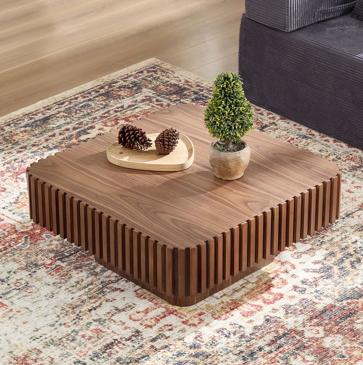 Wishdor Salontafel Vierkant - Walnootkleur modern - MDF fineer massief houten rand centraal onderstel stabiel - Woonkamer minimalistisch - 80 x 80 x 35 cm