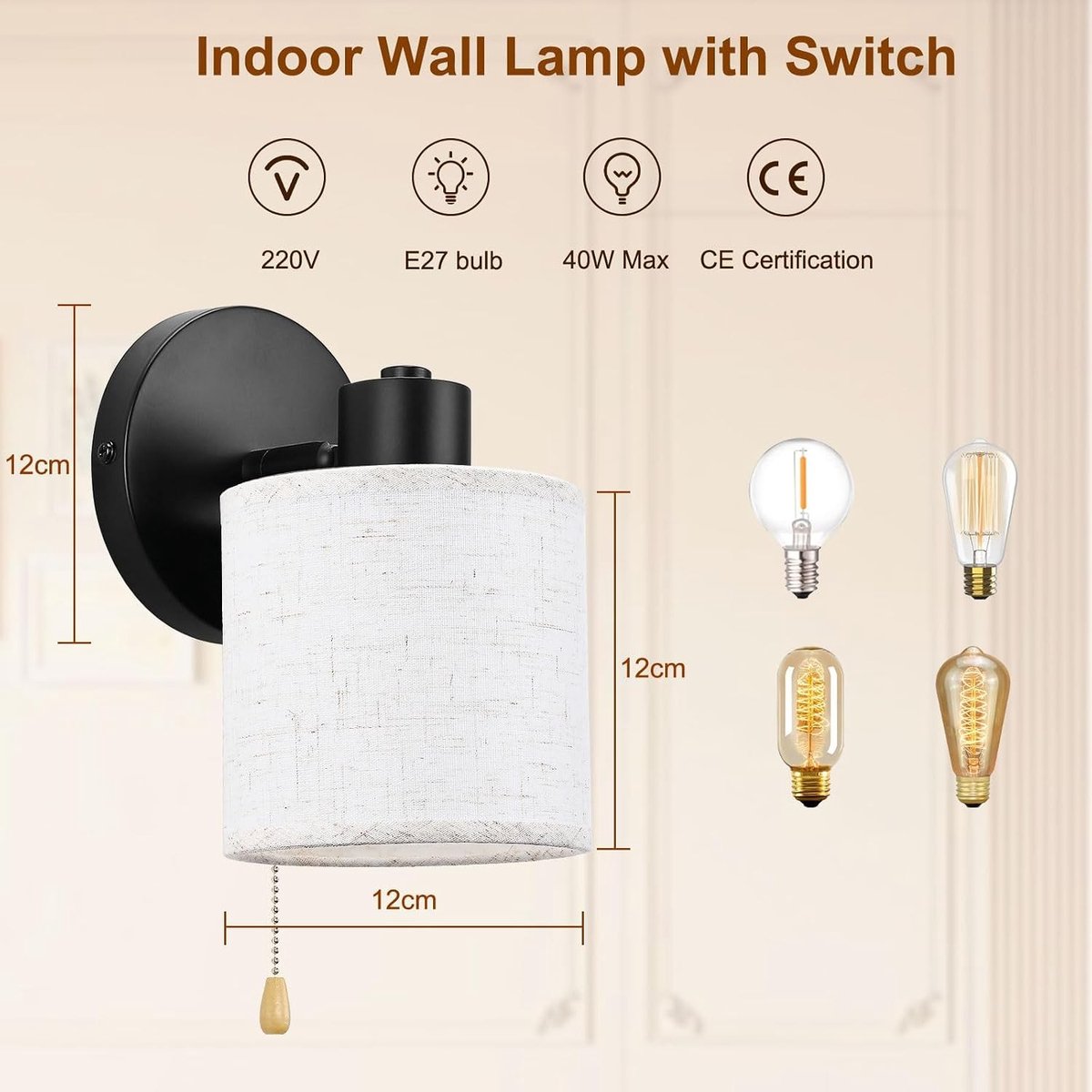 Wandlamp met Schakelaar - Beige - Verstelbare Draaibare Wandlamp - Vintage E27 Nachtlampje voor Binnen