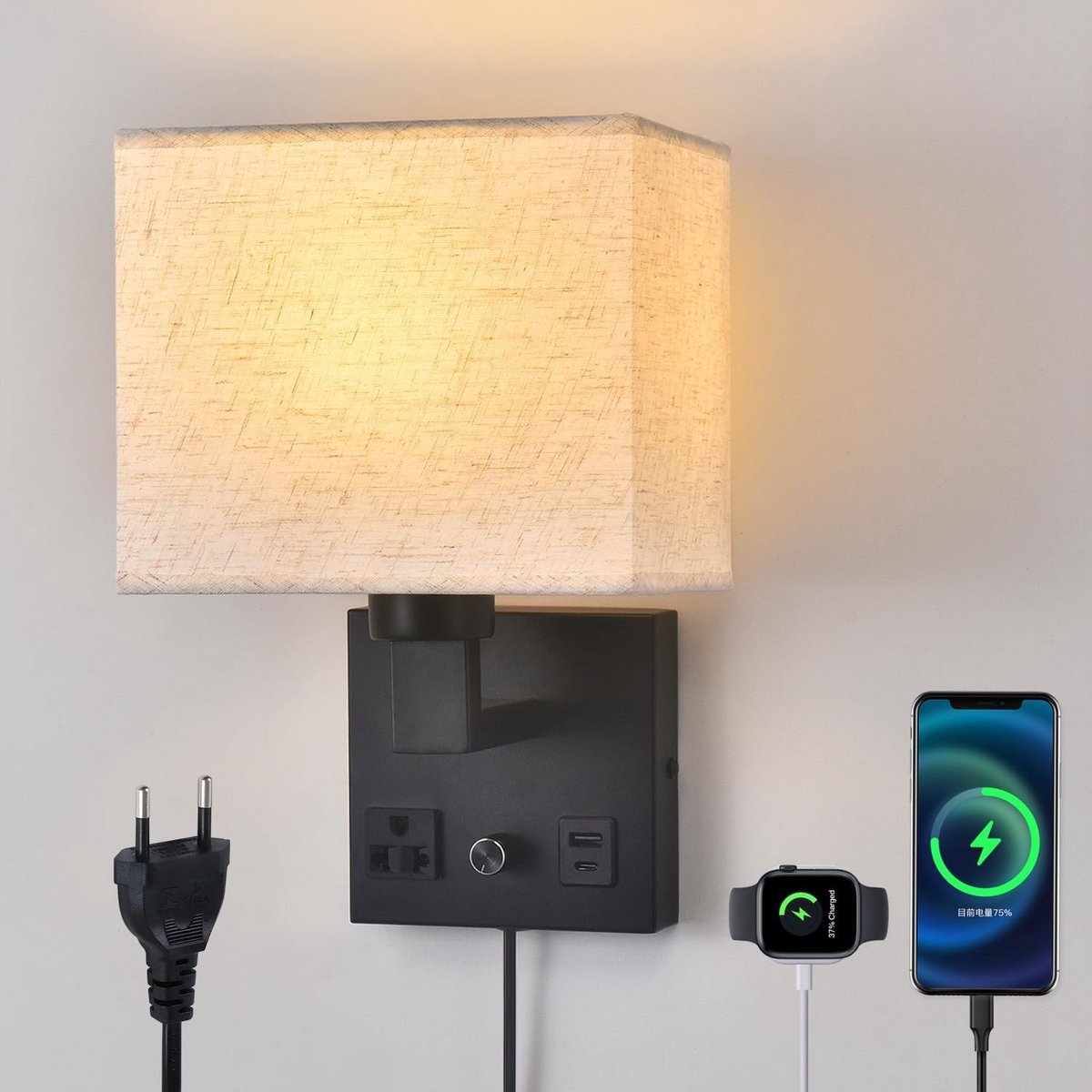 Bedside Wandlamp - Zwart - 1 stuk - Dimbare Wandlamp met USB-poort - Voor Slaapkamer en Woonkamer