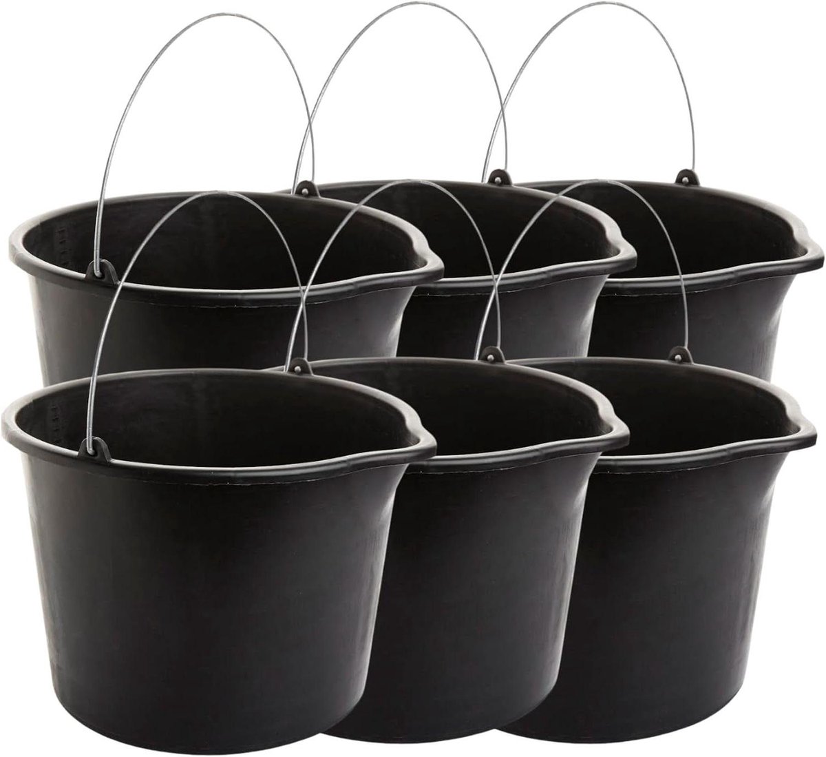 Bouwemmer Set - Opslag Emmer - Huishoudelijk Gebruik - Met Tuit - 6 Stuks 20L - Zwart