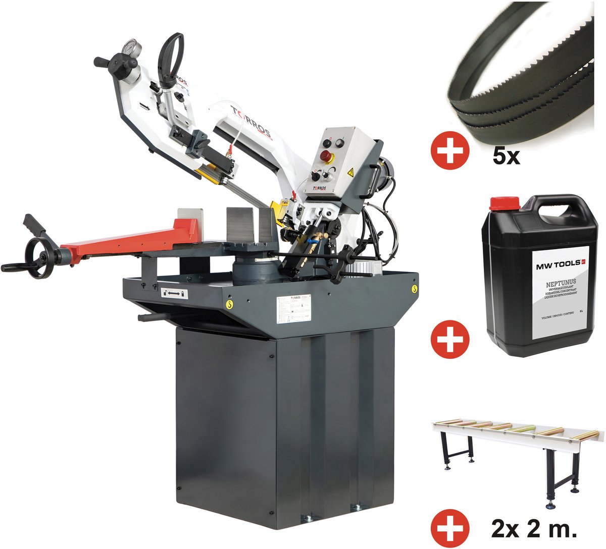 Pack Metaalbandzaag 225 mm Vario 230 V + rollenbanenset (2 m & 2 m) + 5 zaaglinten & koelmelk Torros SC281GV PACK 3