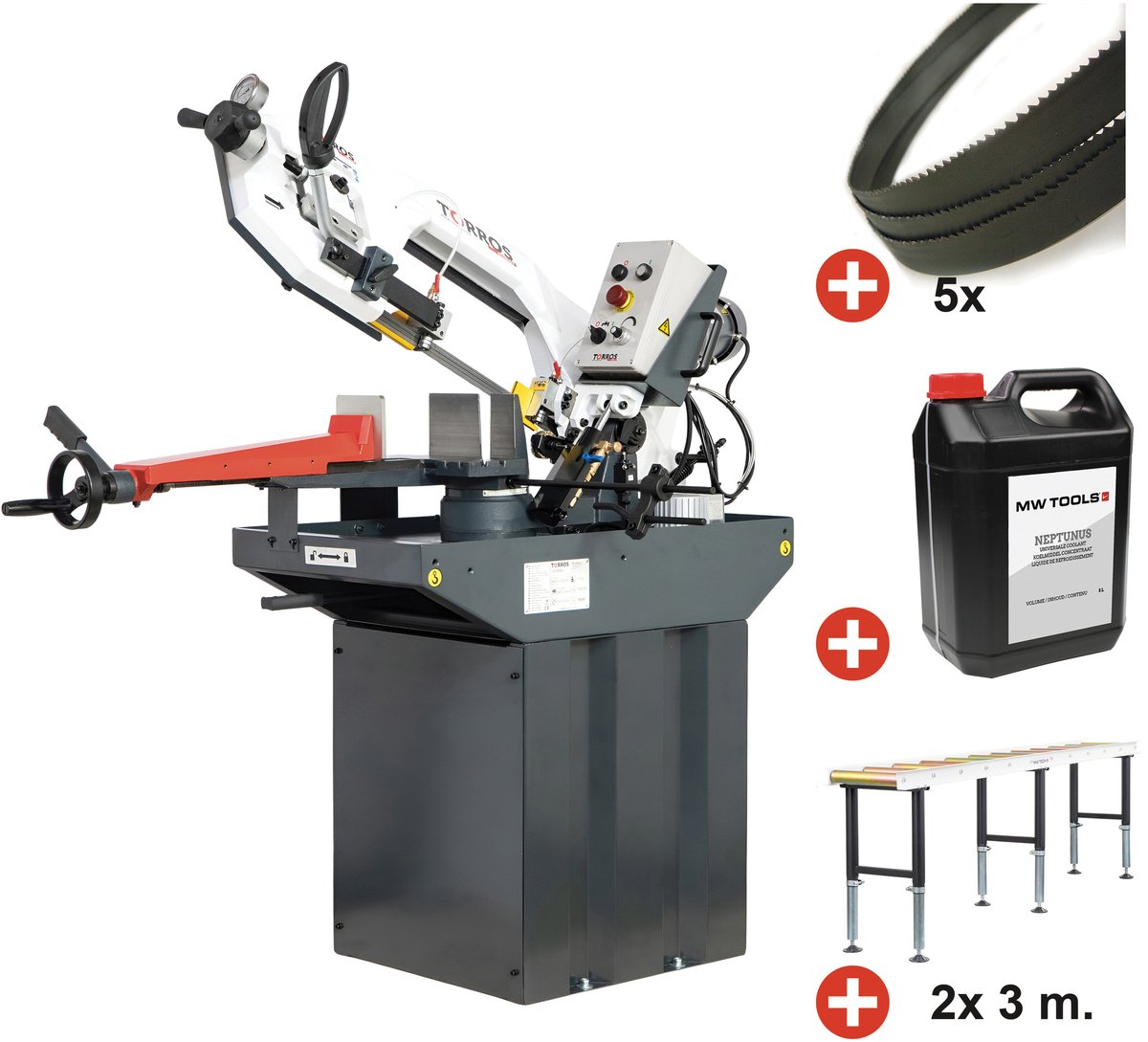 Pack Metaalbandzaag 225 mm Vario 230 V + rollenbanenset (3 m & 3 m) + 5 zaaglinten & koelmelk Torros SC281GV PACK 4