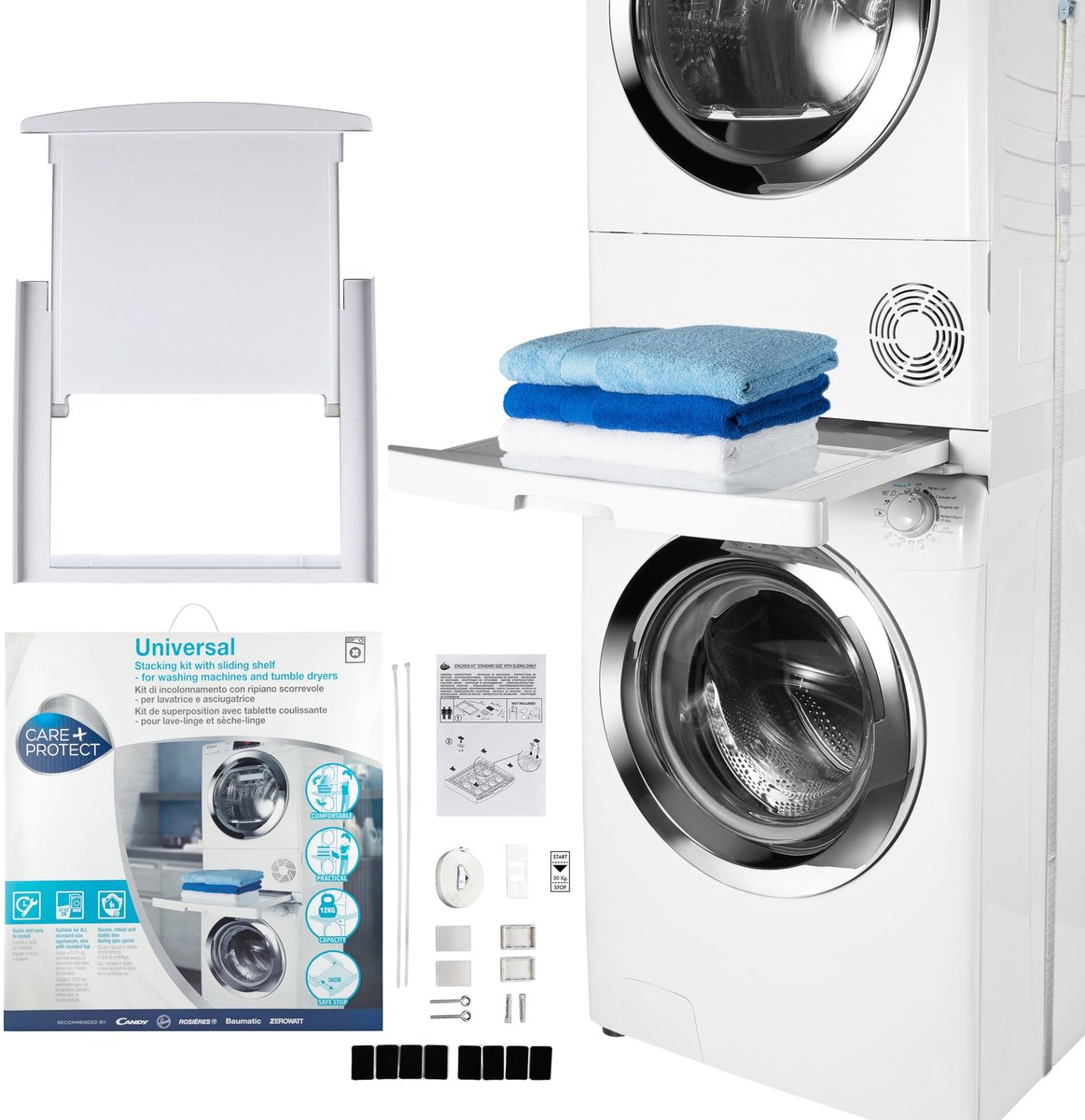 Hoover CARE+PROTECT Universele Stapelset met Schuifplateau, Verwijderbare Schuifplank, Universeel Voor Wasmachines Met - ShopVlot