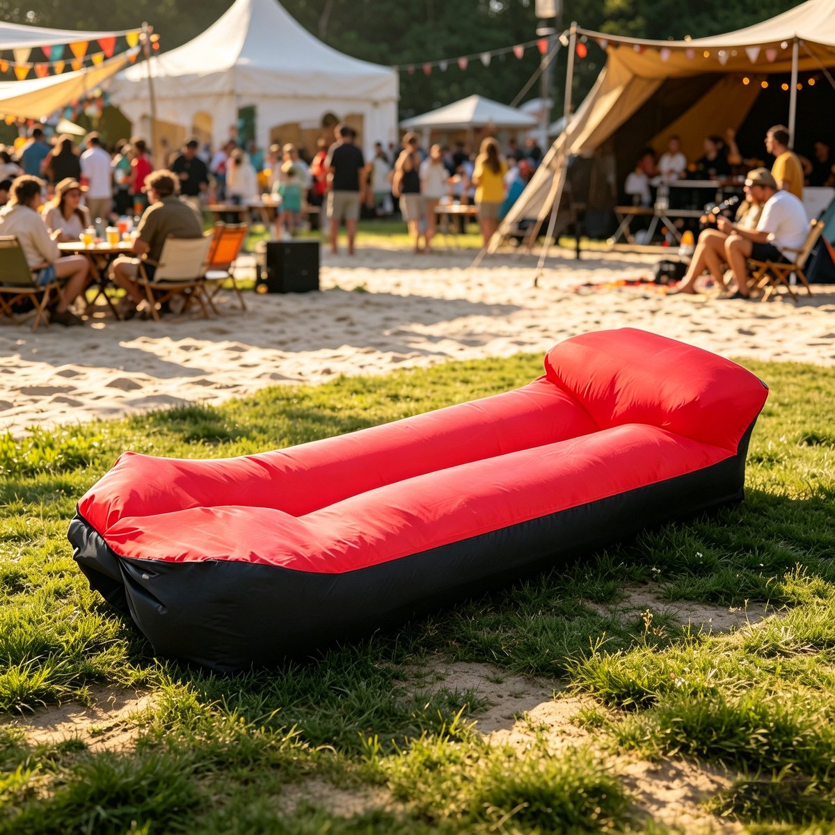 Opblaasbare slaapbank met kussen 220×70×60 cm (rood‑zwart) waterdicht & lekvrij draagbaar perfect voor kamperen stranduitje picknick muziekfestivals en vakantiereizen