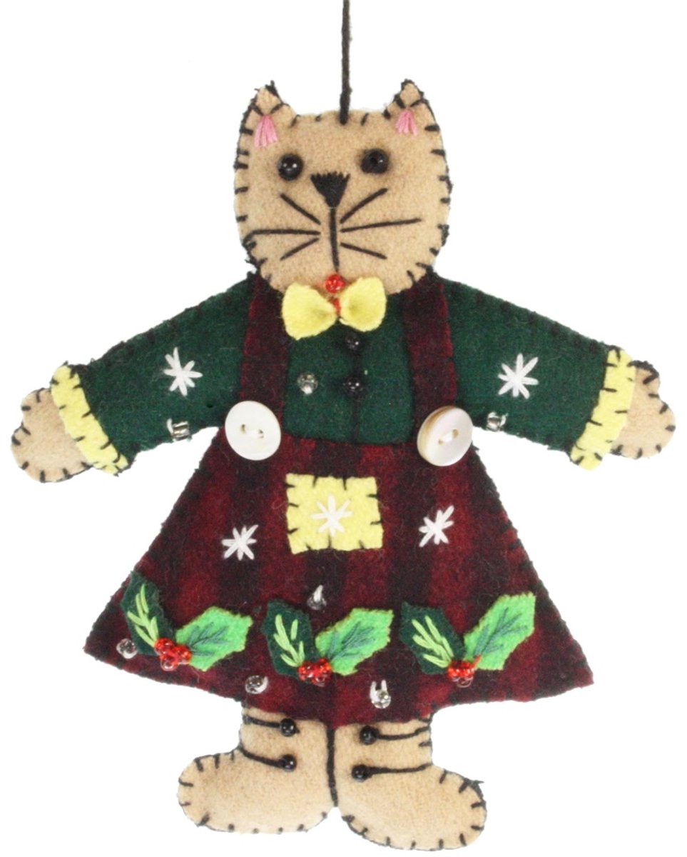 Kat met kerstjurk rood/ groen, vilt 12x2x13cm