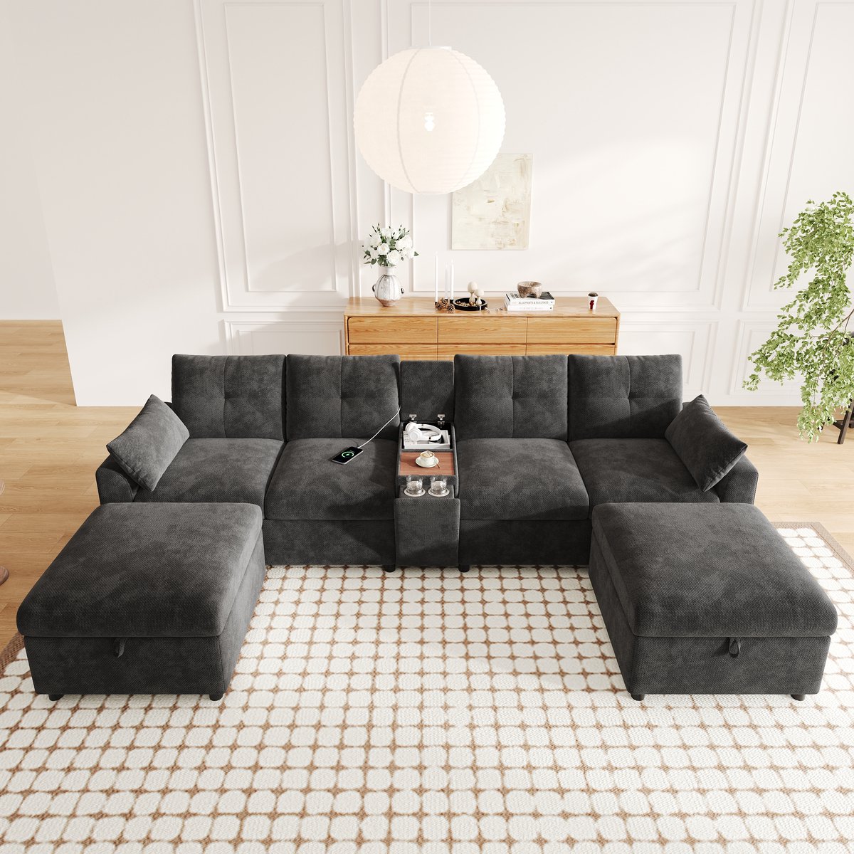 VVBV Hoekbank 316x140x84,5 cm - Modulair Ontwerp, Pocketveren, USB-C, 6-Zits - Grijs, Chenille