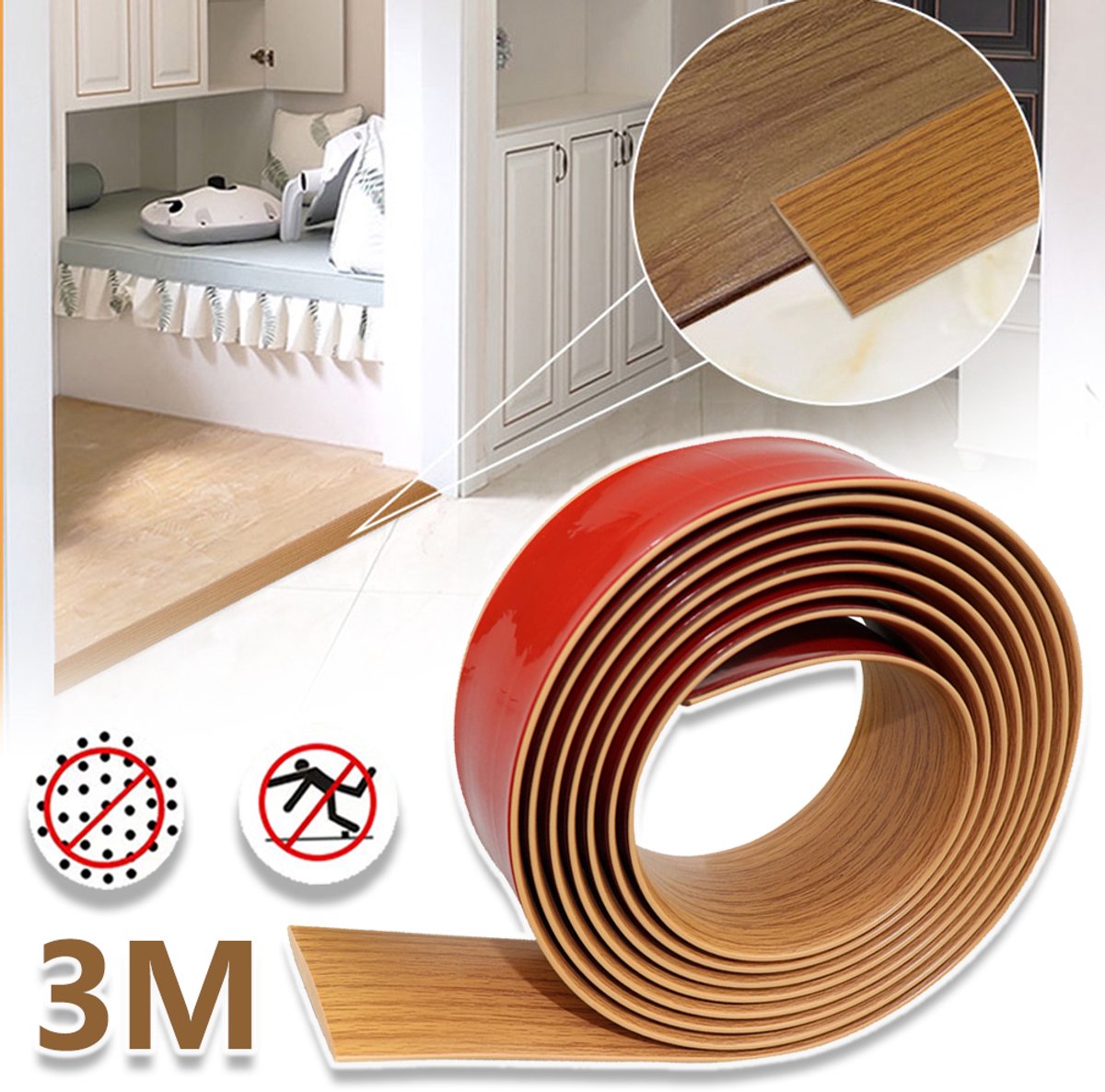 Zelfklevende PVC-Randafwerking 3m x 5cm - Flexibele Slijtvaste Strook Met Houtnerfstructuur Sterke Lijm Op Maat Te Snijden - Voor Tegels Laminaat En Houten Vloeren - Geel Eikenhout