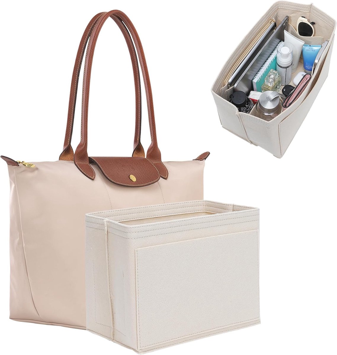 Tas Organizer Bag in Bag - Viltmateriaal & Meerdere Vakken - Maat L 28 × 25 × 17 cm - Beige - SOLLBRY®