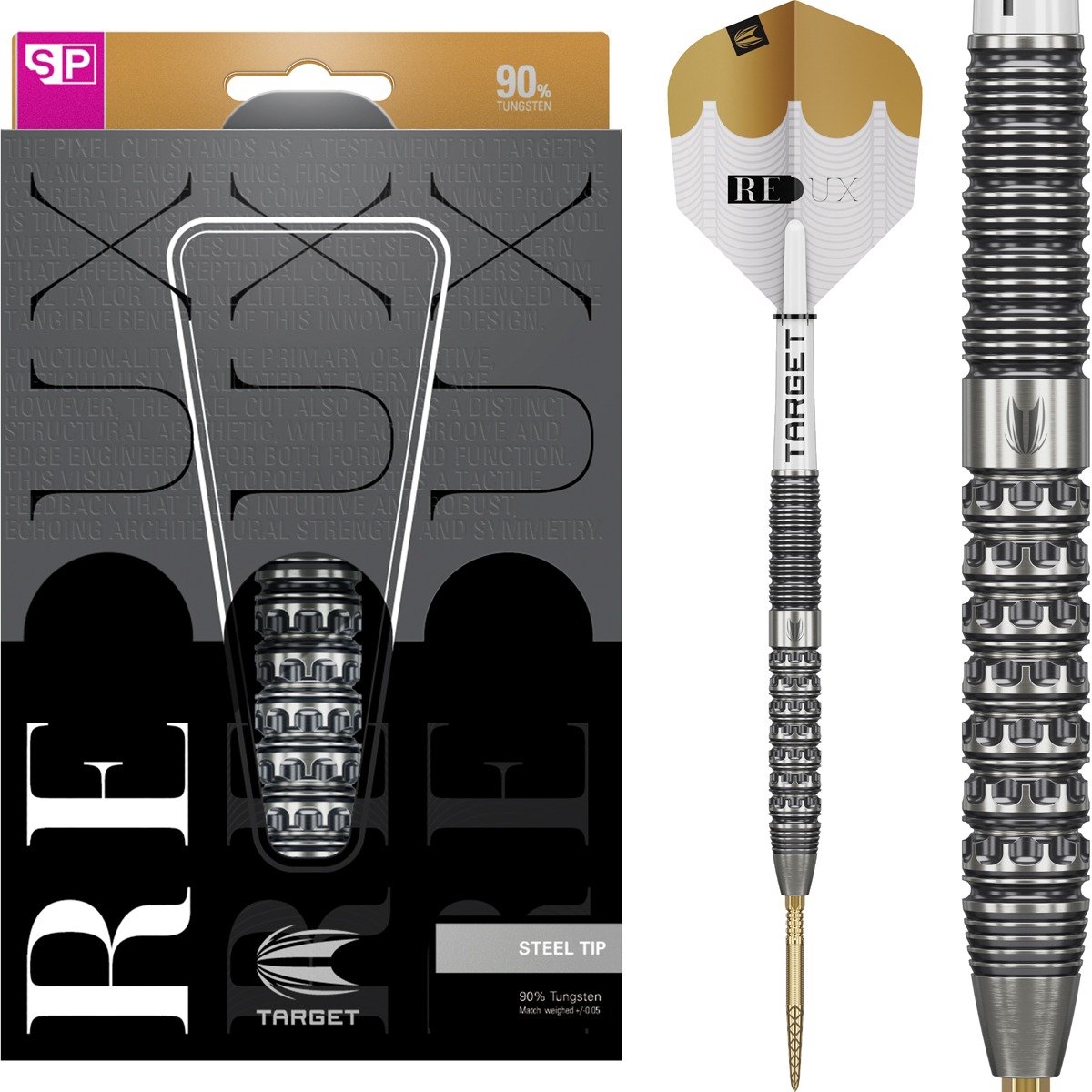 Target Darts Redux 90% Tungsten Swiss Point Steel Tip Dart Set - 22G Barrel 01 met Pro Grip TAG Shafts en Pro Ultra Flights - Professionele Dartpijlen met Verwisselbare Punten