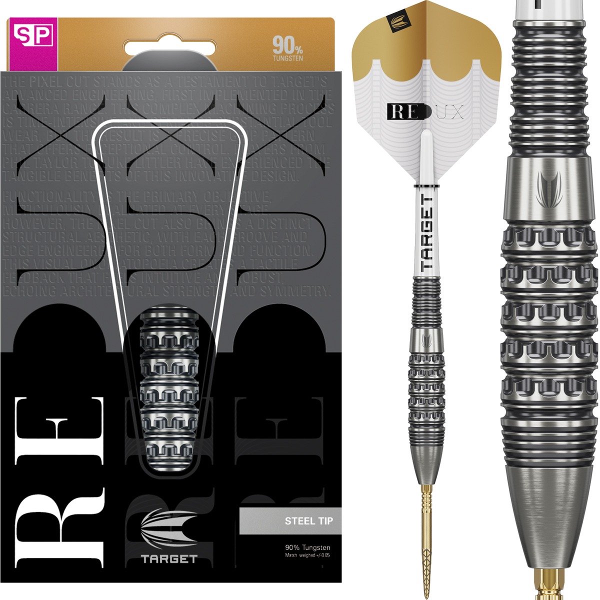 Target Darts Redux 90% Tungsten Swiss Point Steel Tip Dartset 25G Barrel 02 met Pro Grip TAG Shafts en Pro Ultra Flights - Torpedo Vorm met Diamantvormige Grip