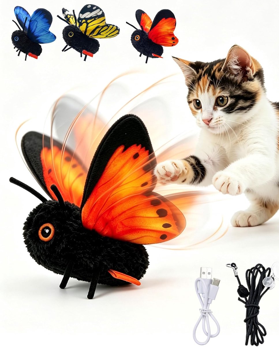 Interactief Vlinder Kattenspeelgoed - USB-oplaadbaar - Met Catnip en Weerstandsband - Fladderend Kattenspeeltje voor Binnenkatten - Oranje - SOLLBRY®