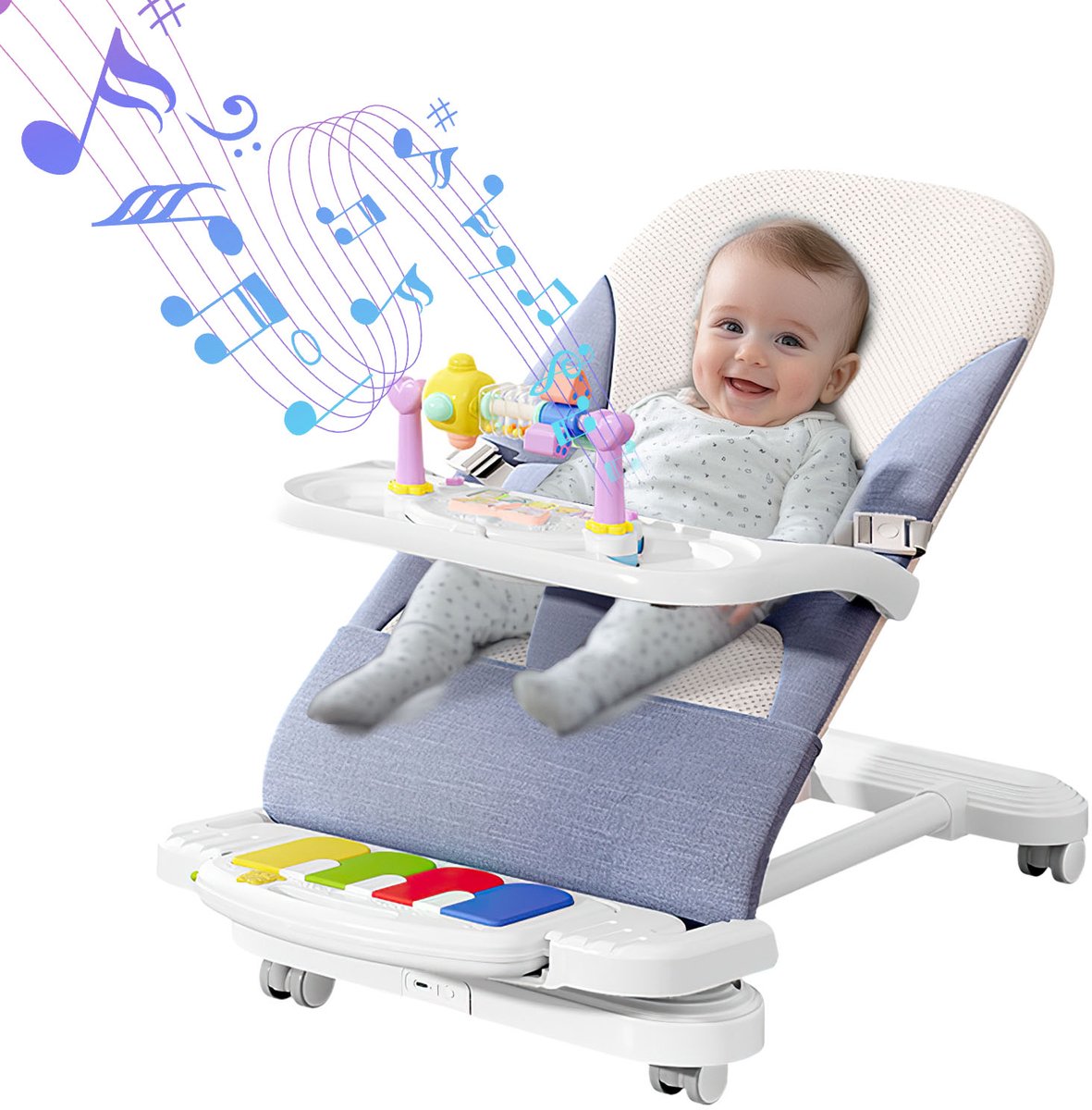 Baby schommelstoel-Comfortabele babyzitje-3 standen-Speelboog-Pianofunctie-Afneembaar dienblad-Zandblauw