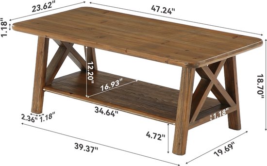 Afmetingen van de houten salontafel met X-poten en opbergplank, hoogte 47,2 cm.