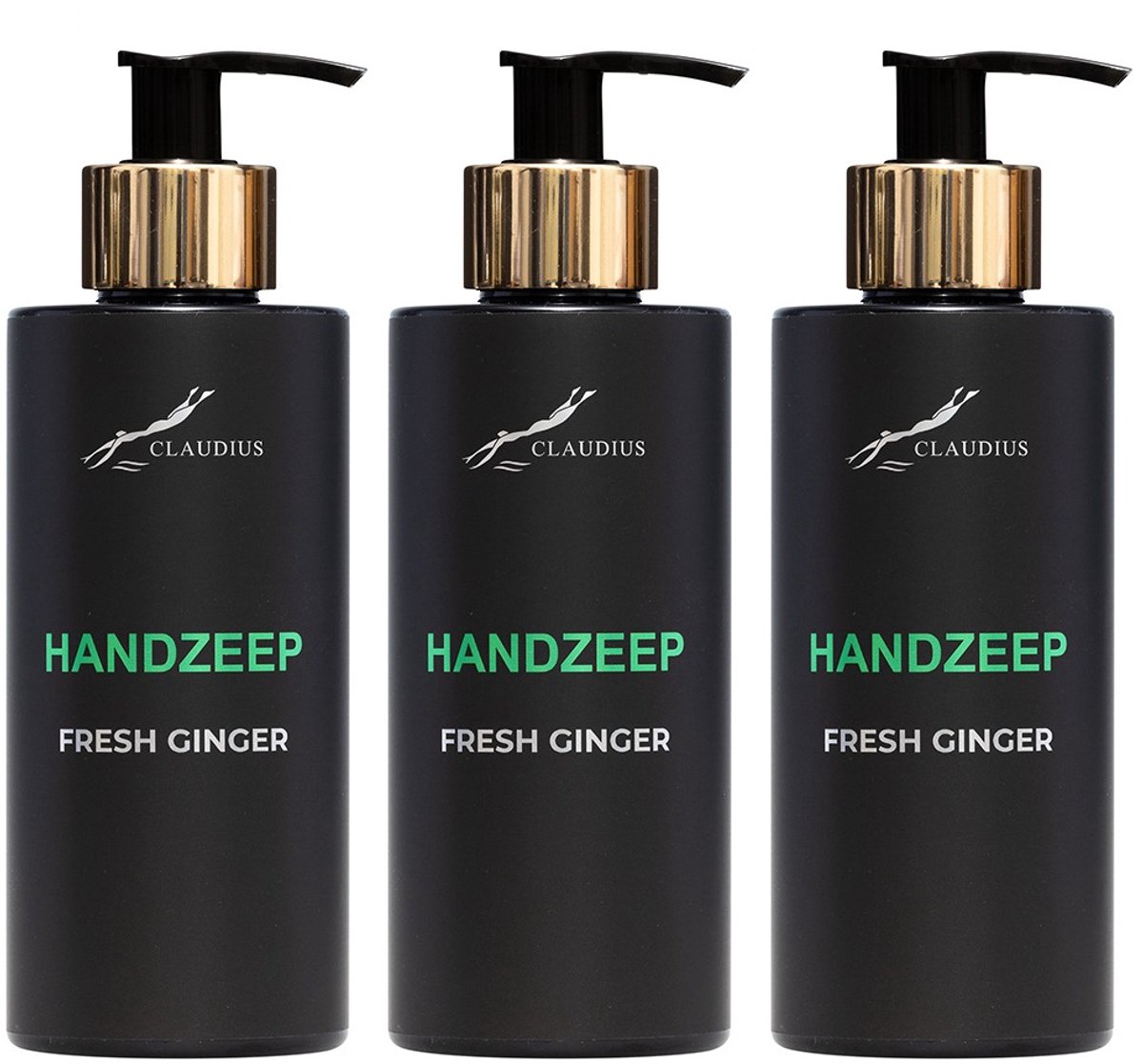 Handzeep Fresh Ginger 300 ml - met gouden pomp - zwarte fles - set van 3 stuks - Voordeelverpakking