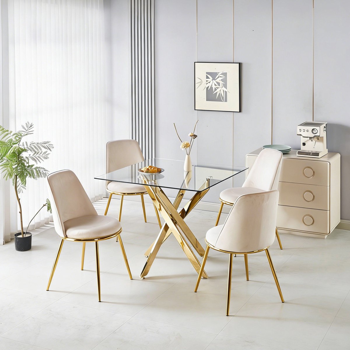 Wishdor Eettafelset 4 stoelen - Gouden metalen onderstel - Fluwelen hoge rugleuning - Modern - Eetkamer woonkamer - Glasblad - 80 x 80 x 75 cm