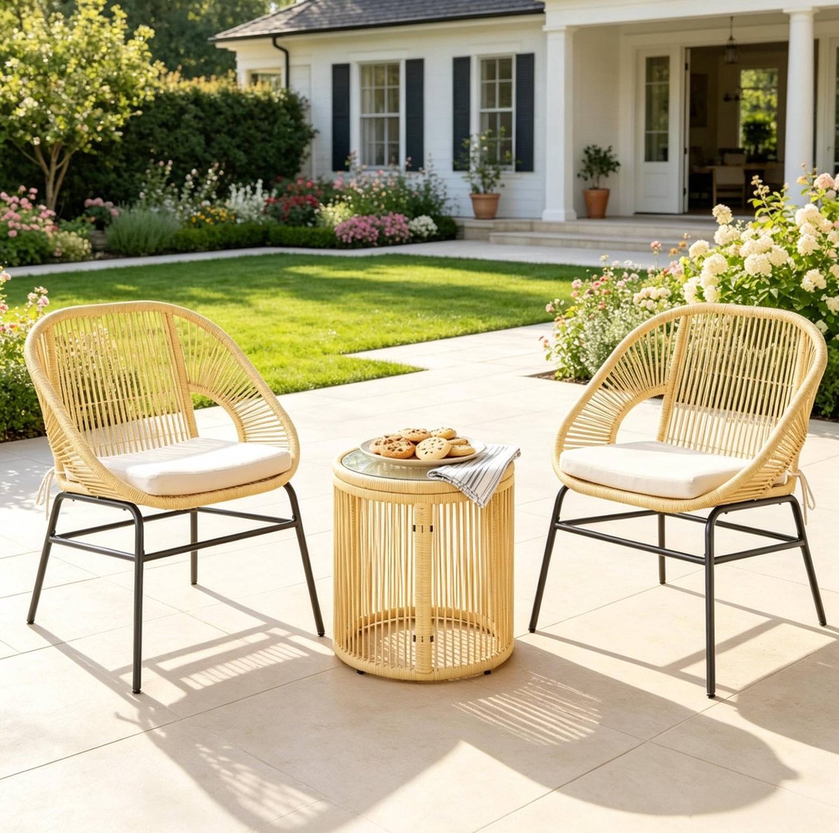 OKWISH Outdoor Lounge Set – 2 Stoelen En 1 Tafel – Rotanlook Met Stalen Frame En Glazen Tafelblad – Voor Balkon, Terras En Tuin – Beige