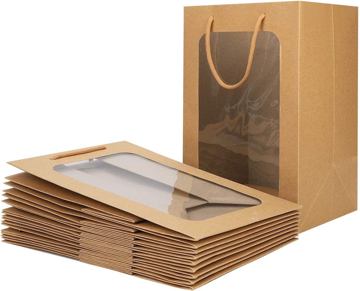 10 Stuks Papieren Draagzakken met Handvat en Raam (20 x 16 x 30 cm) - Ideaal voor Verjaardag, Kerst en Trouwerij, Herbruikbare Cadeau- en Winkeltasjes