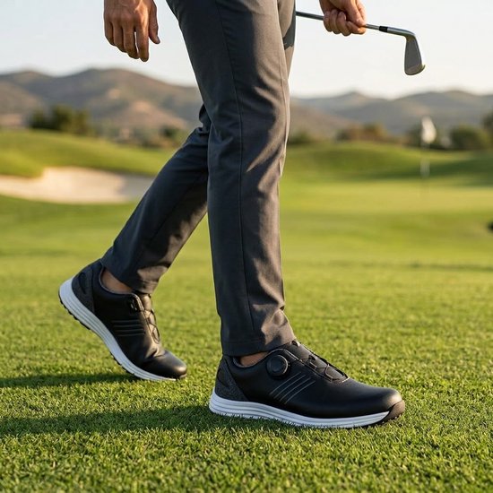 Zwarte golfschoenen heren maat 42 – sportieve golf schoenen met witte zool, draaiknop sluiting, zwarte veters en profielzool – heren golf sneakers — afbeelding 2