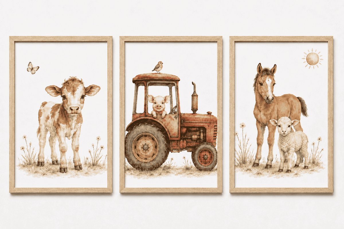 Boerderijdieren Posters Babykamer | Drieluik Kalfje, Tractor, Biggetje, Paard en Lammetje | Inclusief 3 Houten A4 Lijsten
