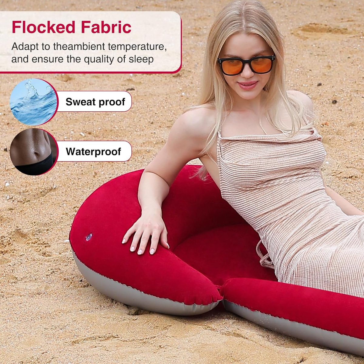 Opblaasbare strandmat, 177,8 x 73,9 cm, gevlokt oppervlak, kussencontour (rood) - ShopVlot