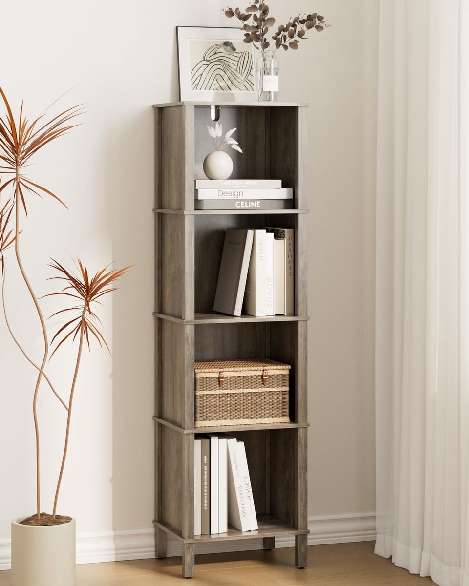 Famanu – Boekenkast met 4 niveaus, grijs opbergrek voor boeken en decoraties in woonkamer, kantoor of slaapkamer
