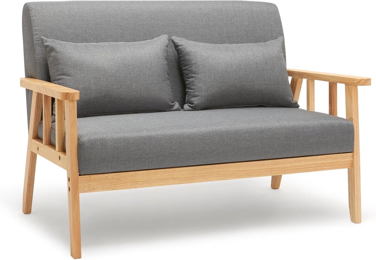 Meerveil Bank, 2-zits stoel met kussen, massief houten frame, linnen, vintage, voor slaapkamer, woonkamer, kantoor - ShopVlot