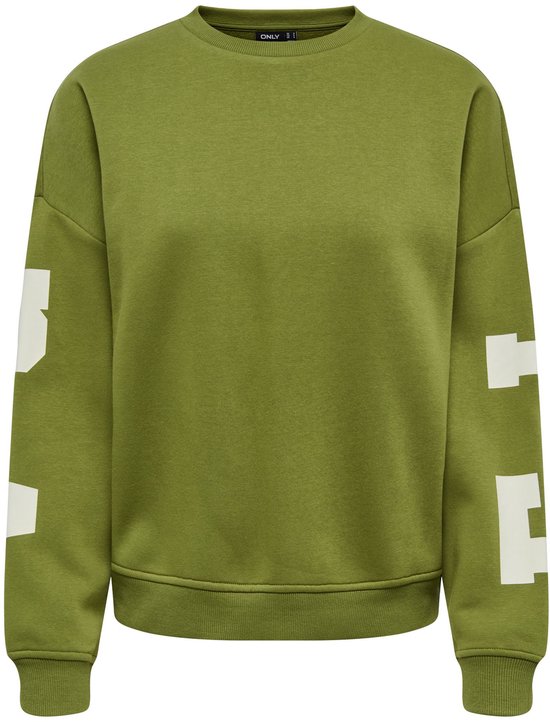 Sweat-shirt vert olive avec lettres blanches sur les manches.