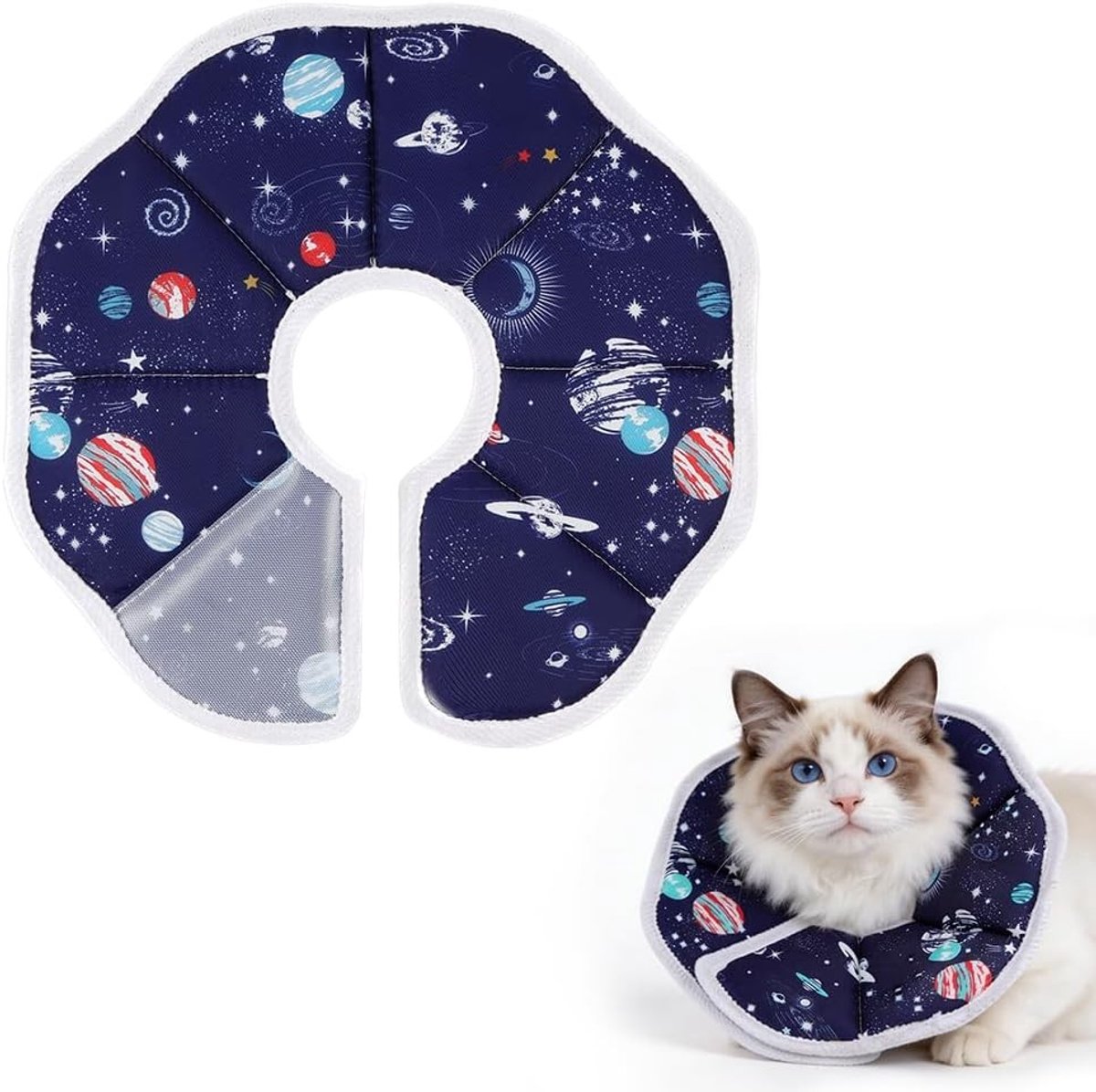 Verstelbare beschermhalsband voor katten XS - 13-18 cm, zacht en comfortabel, ideaal om likken en bijten na een operatie te voorkomen, met een blauwe planetenprint