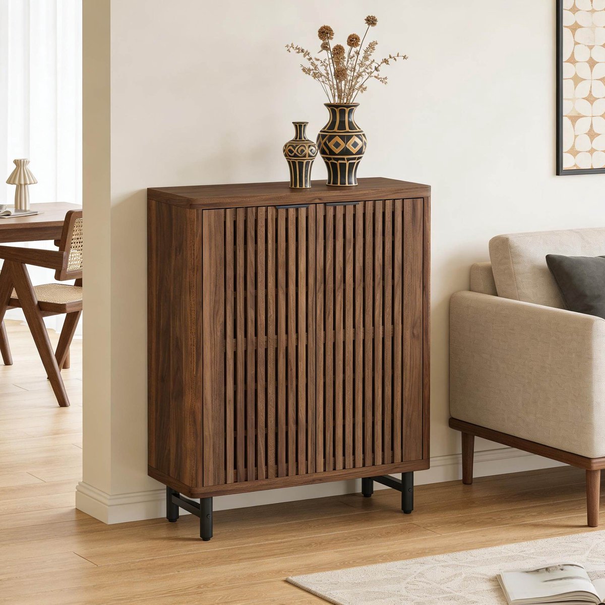 STILVORA Schoenenkast - Vrijstaand Met Lamellendeuren - Ventilerend En Ruim - Voor Hal En Entree - MDF En Metaal - Donkerbruin - 85x35x110 Cm