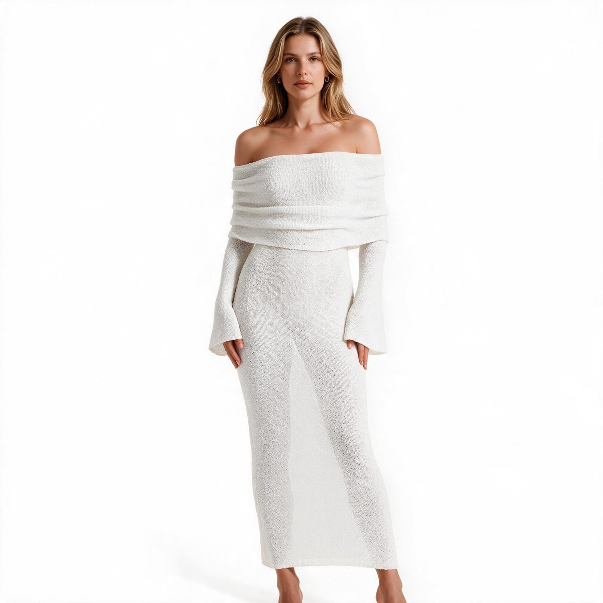 Imily Bela Dames Off Shoulder Gebreide Maxi Jurk met Lange Mouwen
