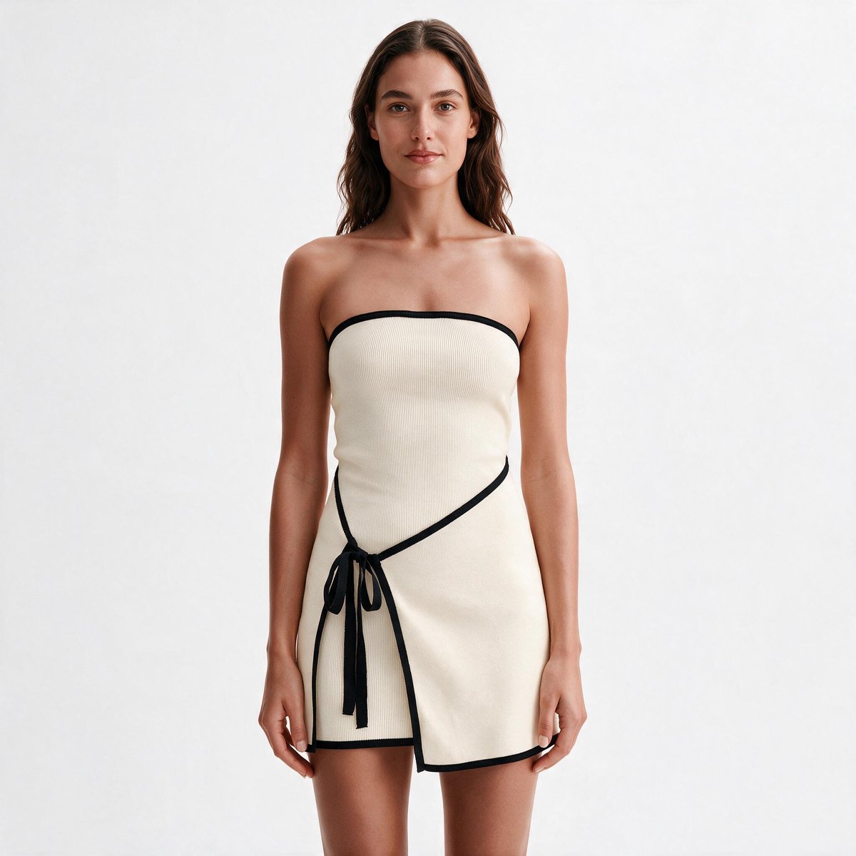 Imily Bela Dames Strapless Mini Jurk met Contrasterende Bies en Ceintuur