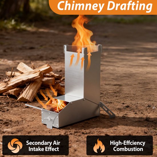 Froadp 2er Rocket Stove RVS vuurschaal open haard - Draagbare kampeerhoutkachel, kampeerkachel met tas, kampeerkachel en terraskachel. Campinggrill voor BBQ, wandelen, tuin, zilver — afbeelding 3