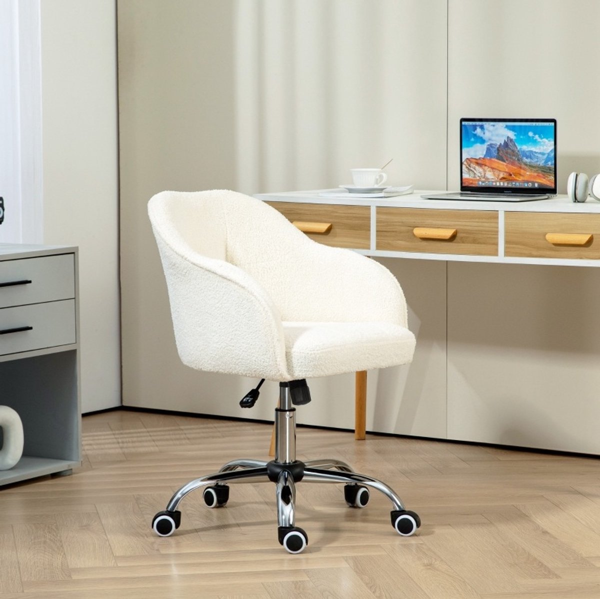 REDOM - Bureaustoel - Ergonomische rug- en armleuningen - Wippfunctie - Draaibaar - Homeoffice - Stof - Crèmewit - 56 x 61 x 76-86 cm