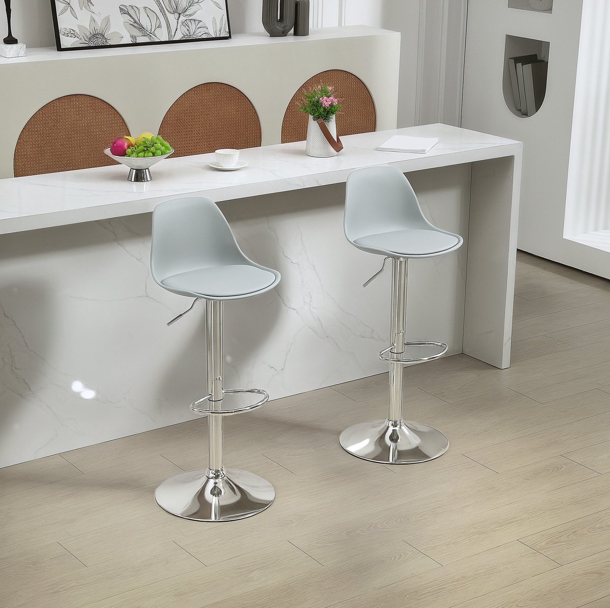 STILVORA Barkruk Set Van 2 - Hoogteverstelbaar En 360° Draaibaar Met Rugleuning En Voetsteun - Voor Keuken En Bar - Kunstleer - Grijs