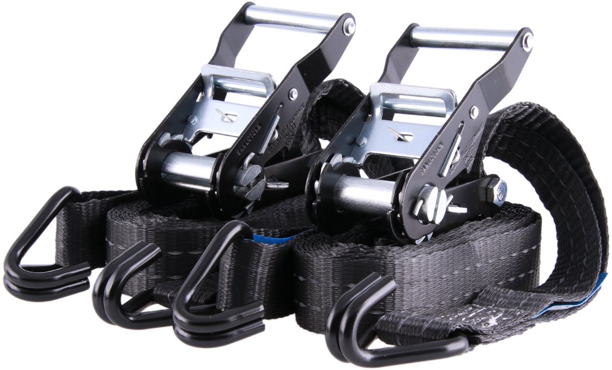 Famanu – Set van 2 spanbanden met ratel, haken en reflecterende strepen, professionele sjorbanden, belastbaar tot 2000 kg, 35 mm breed, 4 m lang, zwart