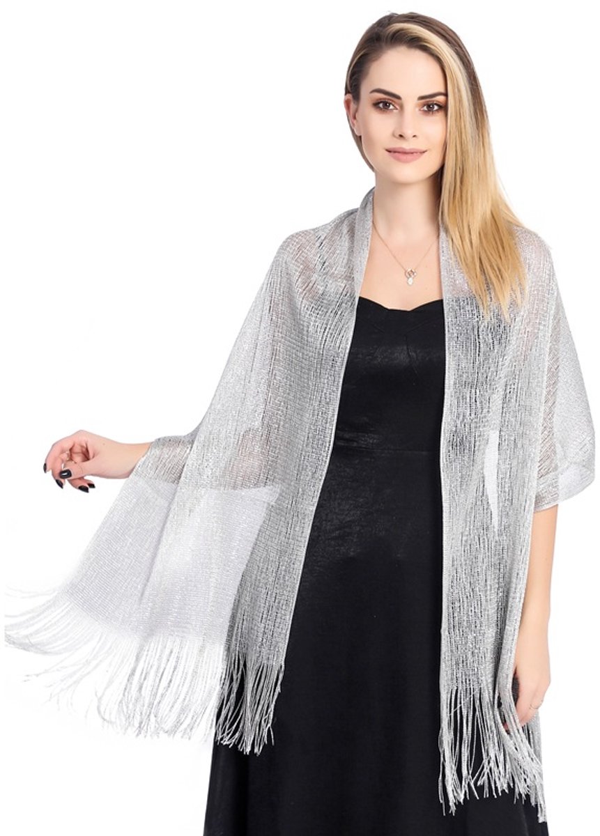 Dames avondshawl/sjaal - 50x200 cm – Glanzend – Perfect voor bruiloft, feest, bruidsmeisje & gala – Zilver